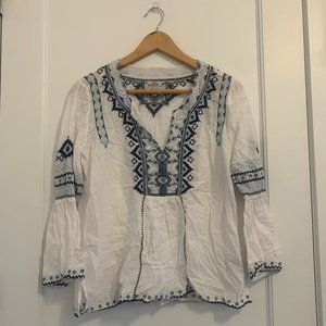 Johnny Was White and Blue Embroidered Tunic Top
